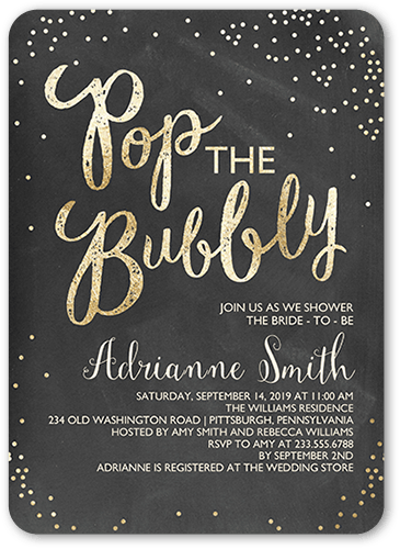 Champagne Confetti Bridal Shower Invitation, Black, 5x7, Pearl Shimmer Cardstock, Rounded