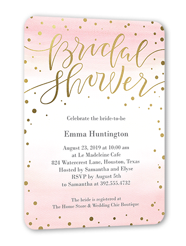 Confetti Bride Bridal Shower Invitation, Pink, Gold Foil, 5x7 Flat, Pearl Shimmer Cardstock, Rounded