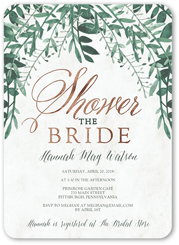 Organic Greenery Bridal Shower Invitation, Beige, 5x7 Flat, Pearl Shimmer Cardstock, Rounded