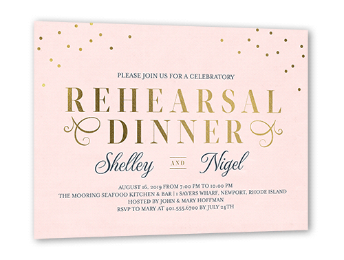 Dazzling Script Confetti Rehearsal Dinner Invitation, Gold Foil, Pink, 5x7 Flat, Pearl Shimmer Cardstock, Square