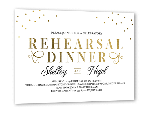 Dazzling Script Confetti Rehearsal Dinner Invitation, White, Gold Foil, 5x7 Flat, Luxe Double-Thick Cardstock, Square