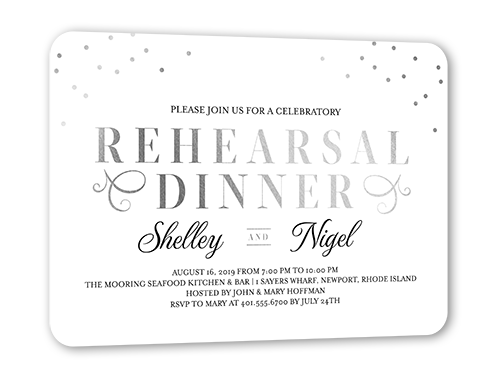Dazzling Script Confetti Rehearsal Dinner Invitation, Silver Foil, White, 5x7 Flat, Matte, Signature Smooth Cardstock, Rounded