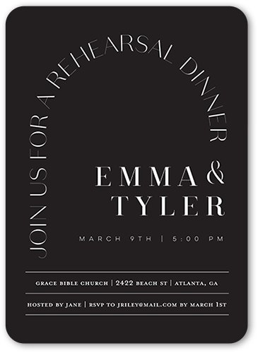Arched Rehearsal Rehearsal Dinner Invitation, Grey, 5x7 Flat, Matte, Signature Smooth Cardstock, Rounded, Charcoal