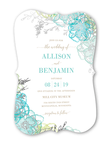 Floral Fringe Wedding Invitation, Silver Foil, Blue, 5x7 Flat, Signature Smooth Cardstock, Bracket