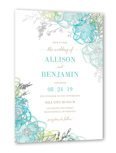 Floral Fringe Wedding Invitation, Silver Foil, Blue, 5x7 Flat, Pearl Shimmer Cardstock, Square