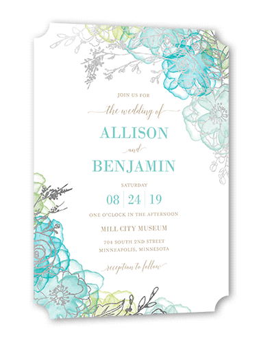 Floral Fringe Wedding Invitation, Silver Foil, Blue, 5x7, Signature Smooth Cardstock, Ticket