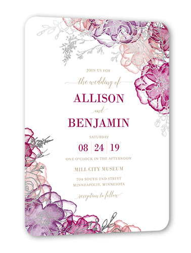 Floral Fringe Wedding Invitation, Silver Foil, Pink, 5x7 Flat, Signature Smooth Cardstock, Rounded