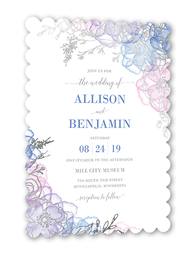 Floral Fringe Wedding Invitation, Silver Foil, Blue, 5x7 Flat, Pearl Shimmer Cardstock, Scallop
