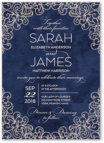 Sparkling Lace Wedding Invitation, Blue, 5x7, Antique Gold Glitter, Matte, Signature Smooth Cardstock, Square