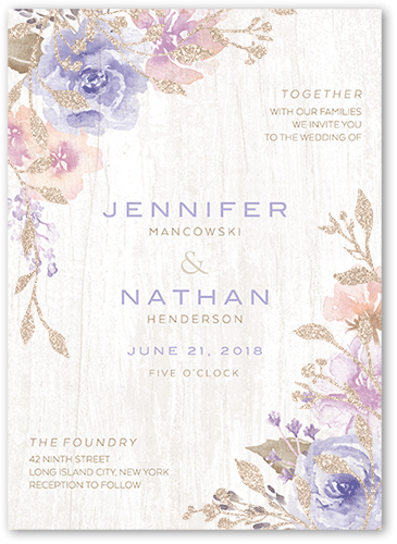 Radiant Foliage Wedding Invitation, Purple, 5x7 Flat, Antique Gold Glitter, Matte, Signature Smooth Cardstock, Square, Lavender