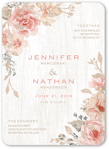 Radiant Foliage Wedding Invitation, Beige, 5x7 Flat, Antique Gold Glitter, Matte, Signature Smooth Cardstock, Rounded, Nectar