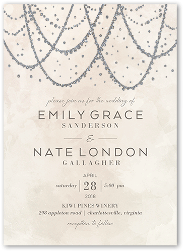 Draping Lights Wedding Invitation, Beige, 5x7 Flat, Silver Glitter, Matte, Signature Smooth Cardstock, Square, Antique White
