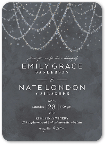 Draping Lights Wedding Invitation, Gray, 5x7 Flat, Silver Glitter, Matte, Signature Smooth Cardstock, Rounded