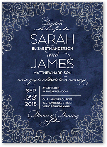 Sparkling Lace Wedding Invitation, Blue, 5x7 Flat, Silver Glitter, Matte, Signature Smooth Cardstock, Square