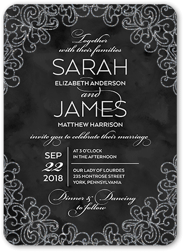 Sparkling Lace Wedding Invitation, Black, 5x7, Silver Glitter, Matte, Signature Smooth Cardstock, Rounded