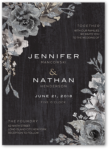 Radiant Foliage Wedding Invitation, Black, 5x7 Flat, Silver Glitter, Matte, Signature Smooth Cardstock, Square, Black