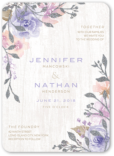 Radiant Foliage Wedding Invitation, Purple, 5x7, Silver Glitter, Matte, Signature Smooth Cardstock, Rounded