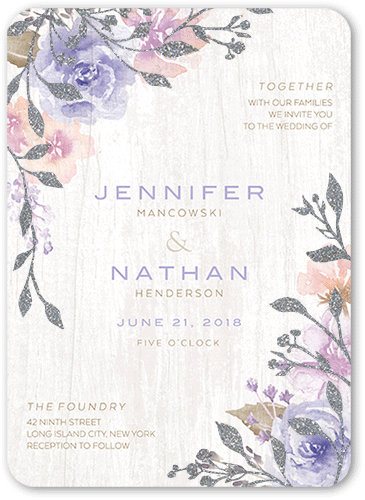 Radiant Foliage Wedding Invitation, Purple, 5x7 Flat, Silver Glitter, Matte, Signature Smooth Cardstock, Rounded, Lavender