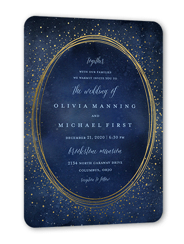 Resplendent Night Wedding Invitation, Blue, Gold Foil, 5x7 Flat, Pearl Shimmer Cardstock, Rounded