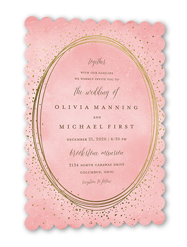 Resplendent Night Wedding Invitation, Gold Foil, Pink, 5x7, Pearl Shimmer Cardstock, Scallop