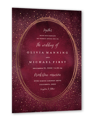 Resplendent Night Wedding Invitation, Purple, Rose Gold Foil, 5x7 Flat, Pearl Shimmer Cardstock, Square, House Red