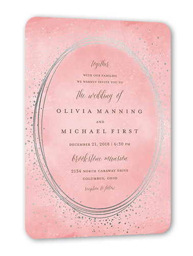 Resplendent Night Wedding Invitation, Silver Foil, Pink, 5x7 Flat, Pearl Shimmer Cardstock, Rounded, Soft Pink