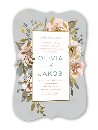 Delicate Blooms Wedding Invitation, Gold Foil, Grey, 5x7, Pearl Shimmer Cardstock, Bracket