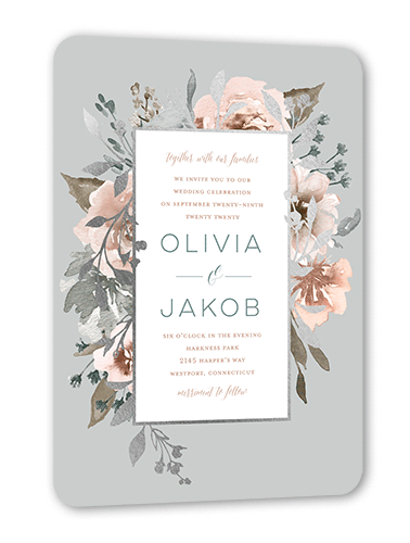 Delicate Blooms Wedding Invitation, Silver Foil, Grey, 5x7 Flat, Matte, Signature Smooth Cardstock, Rounded