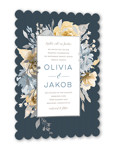 Delicate Blooms Wedding Invitation, Silver Foil, Grey, 5x7 Flat, Matte, Signature Smooth Cardstock, Scallop