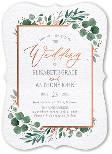 Brushed Botanicals Wedding Invitation, White, Rose Gold Foil, 5x7 Flat, Pearl Shimmer Cardstock, Bracket