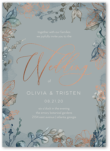 Gleaming Garden Wedding Invitation, Grey, Rose Gold Foil, 5x7, Luxe Double-Thick Cardstock, Square