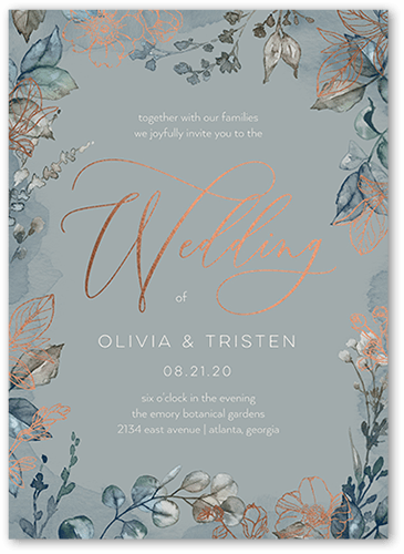 Gleaming Garden Wedding Invitation, Grey, Rose Gold Foil, 5x7 Flat, Luxe Double-Thick Cardstock, Square