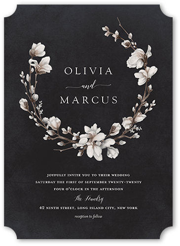 Blossoms of Love Wedding Invitation, Black, 5x7 Flat, Pearl Shimmer Cardstock, Ticket, White