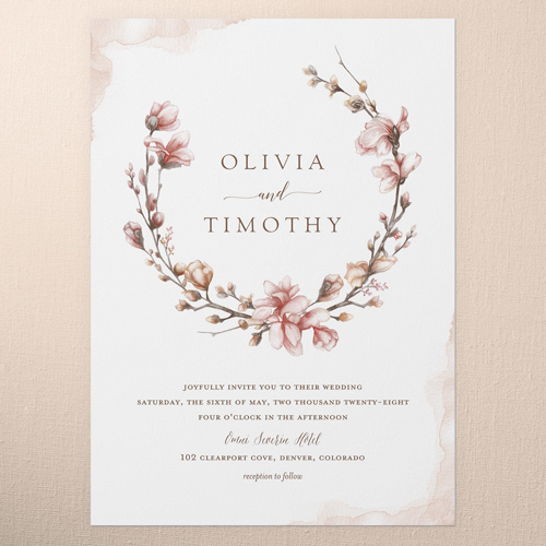 Blossoms of Love Wedding Invitation, Pink, 5x7 Flat, Matte, Signature Smooth Cardstock, Square