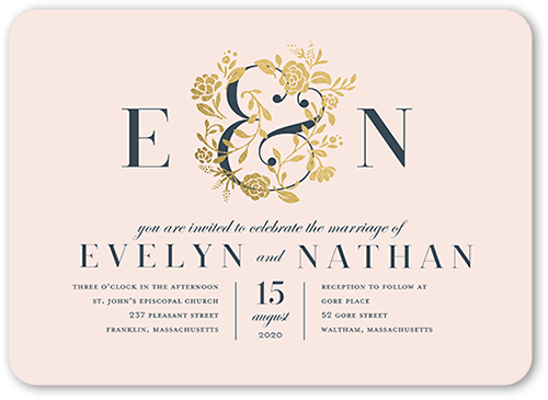 illuminated Bough Wedding Invitation, Gold Foil, Pink, 5x7, Matte, Signature Smooth Cardstock, Rounded