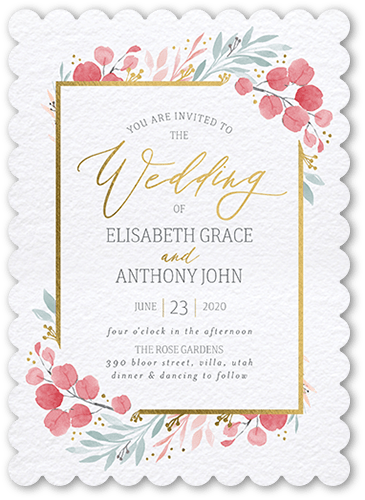 Brushed Botanicals Wedding Invitation, Gold Foil, Pink, 5x7 Flat, Pearl Shimmer Cardstock, Scallop