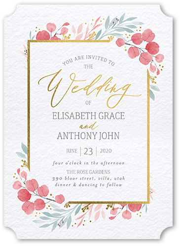 Brushed Botanicals Wedding Invitation, Gold Foil, Pink, 5x7 Flat, Pearl Shimmer Cardstock, Ticket
