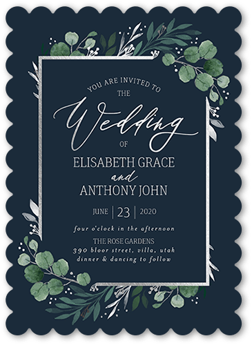 Brushed Botanicals Wedding Invitation, Silver Foil, Grey, 5x7 Flat, Matte, Signature Smooth Cardstock, Scallop