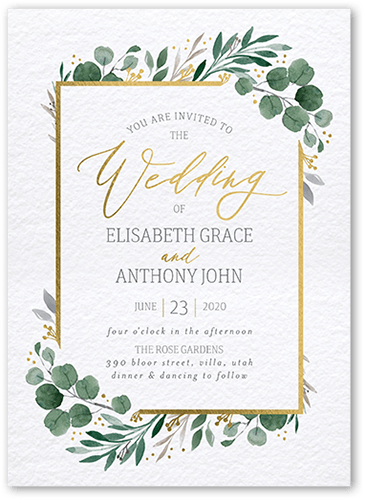 Brushed Botanicals Wedding Invitation, White, Gold Foil, 5x7, Pearl Shimmer Cardstock, Square