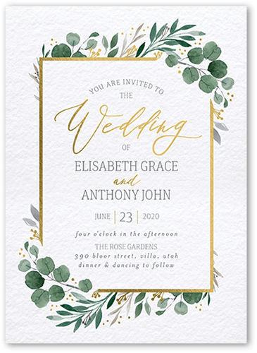 Brushed Botanicals Wedding Invitation, White, Gold Foil, 5x7 Flat, Pearl Shimmer Cardstock, Square