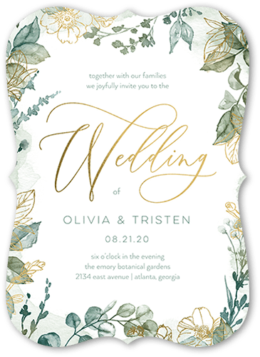 Gleaming Garden Wedding Invitation, Green, Gold Foil, 5x7 Flat, Pearl Shimmer Cardstock, Bracket