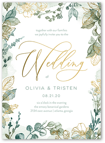 Gleaming Garden Wedding Invitation, Green, Gold Foil, 5x7, Pearl Shimmer Cardstock, Square