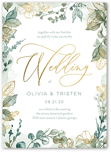 Gleaming Garden Wedding Invitation, Green, Gold Foil, 5x7 Flat, Luxe Double-Thick Cardstock, Square