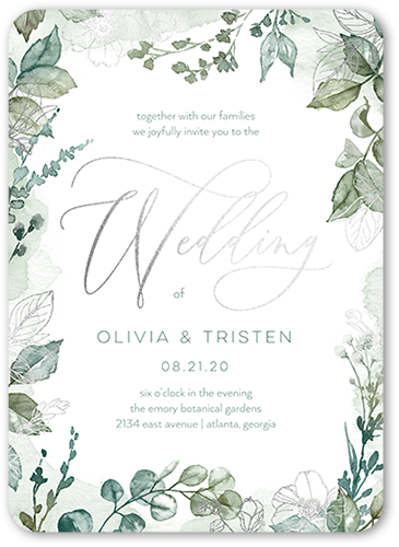 Gleaming Garden Wedding Invitation, Silver Foil, Green, 5x7, Pearl Shimmer Cardstock, Rounded