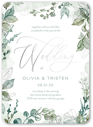 Gleaming Garden Wedding Invitation, Silver Foil, Green, 5x7 Flat, Pearl Shimmer Cardstock, Rounded