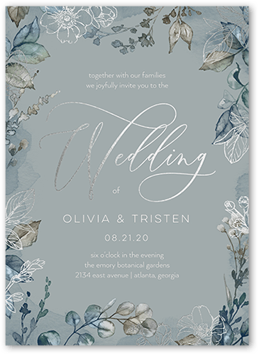 Gleaming Garden Wedding Invitation, Grey, Silver Foil, 5x7 Flat, Matte, Signature Smooth Cardstock, Square