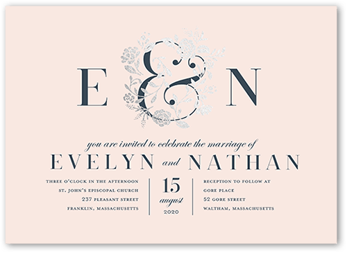 illuminated Bough Wedding Invitation, Pink, Silver Foil, 5x7, Pearl Shimmer Cardstock, Square