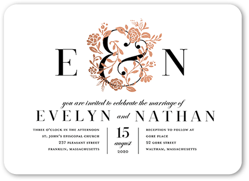 illuminated Bough Wedding Invitation, Rose Gold Foil, White, 5x7 Flat, Matte, Signature Smooth Cardstock, Rounded