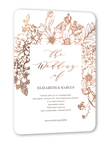 Flowers Abound Wedding Invitation, White, Rose Gold Foil, 5x7 Flat, Pearl Shimmer Cardstock, Rounded