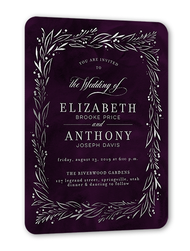 So Lovely Wedding Invitation, Silver Foil, Purple, 5x7 Flat, Pearl Shimmer Cardstock, Rounded